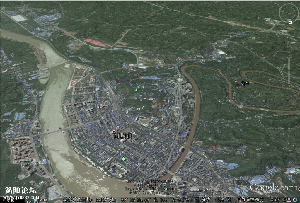 刚刚发现简阳卫星地图更新到2014年7月了!特地发来大家看看看
