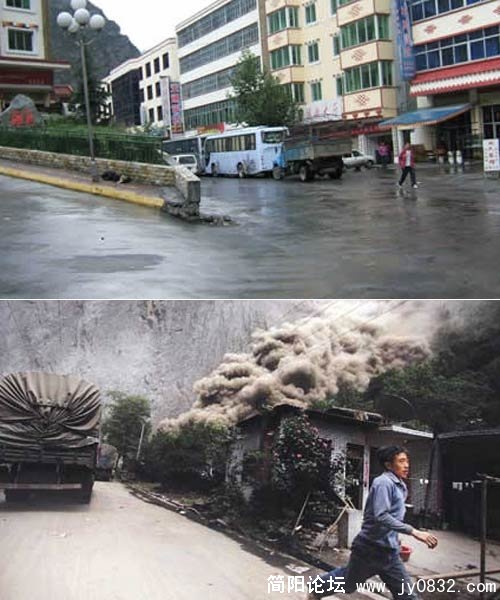上图：地震前的理县街道。下图：理县317国道余震后山体滑坡。.jpg
